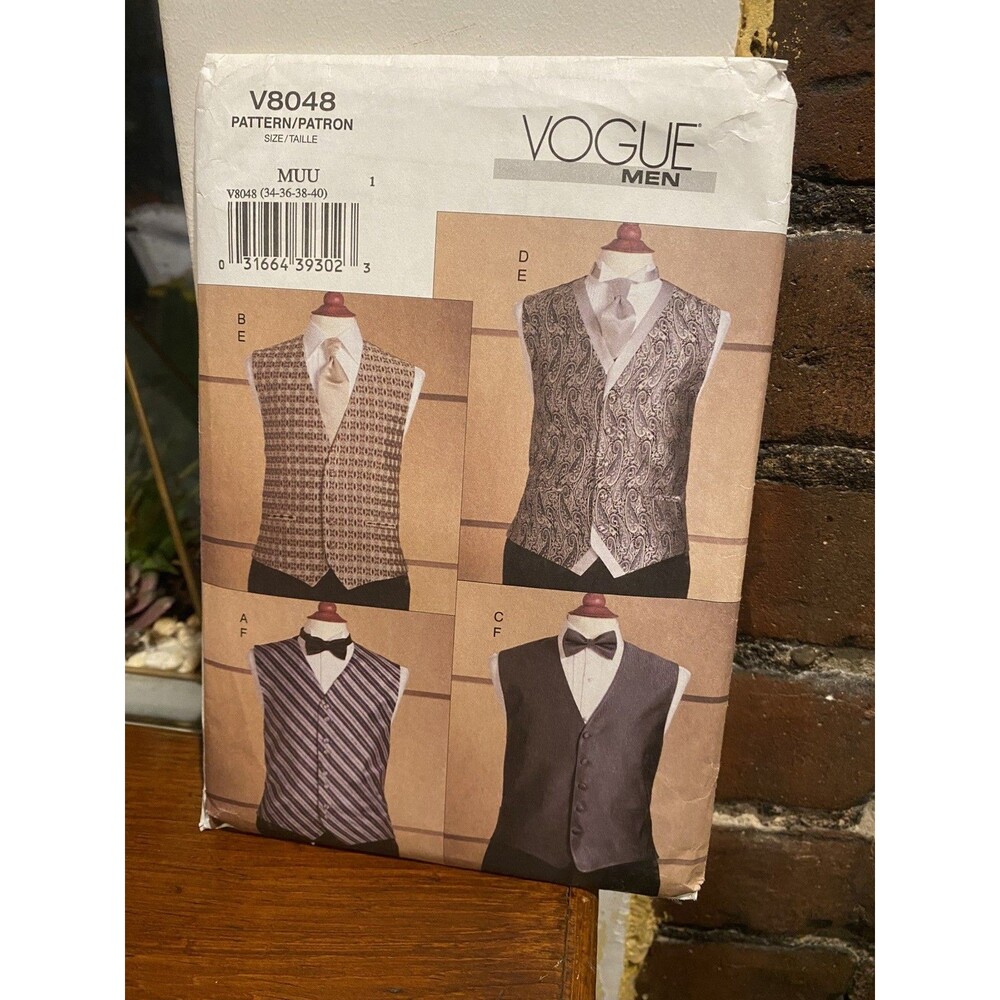 Vogue V8048 Sewing Pattern Men's Dress Vest Bow Neck Tie Formal 34-36-38-40